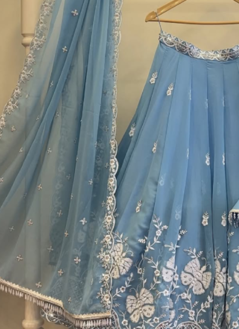 Sky Blue Thread Embroidered Georgette Lehenga Choli For Wedding