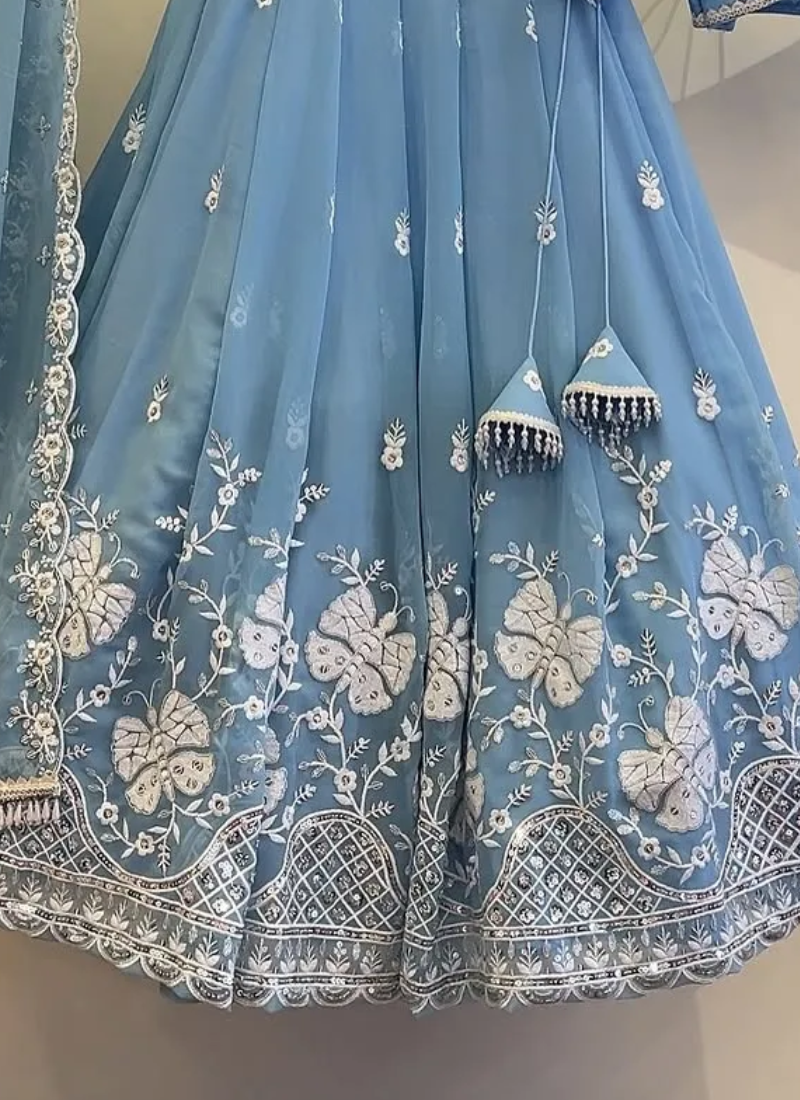 Sky Blue Thread Embroidered Georgette Lehenga Choli For Wedding