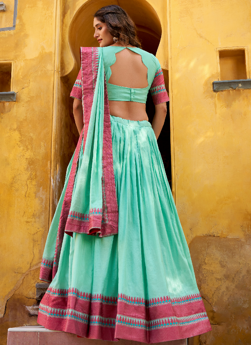 Sky Blue Thread Embroidered Pure Chanderi Women's Lehenga Choli Sets