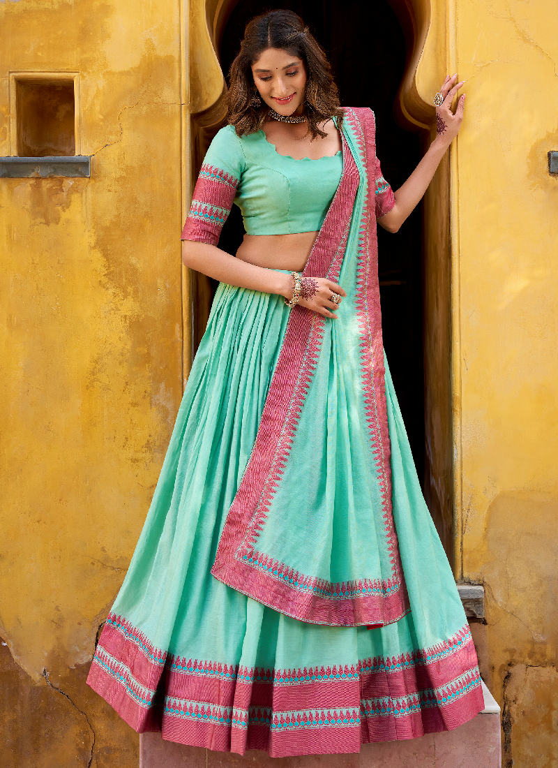 Sky Blue Thread Embroidered Pure Chanderi Women's Lehenga Choli Sets