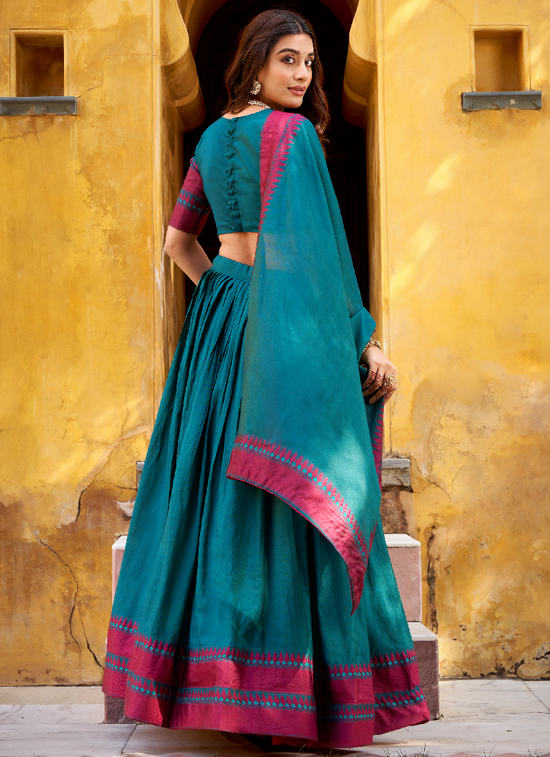 South Indian Style Thread Work Chanderi Silk Teal Half Saree Lehenga