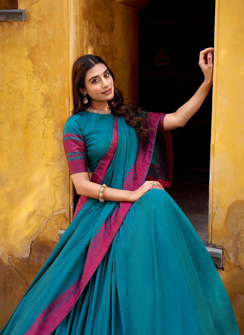 South Indian Style Thread Work Chanderi Silk Teal Half Saree Lehenga