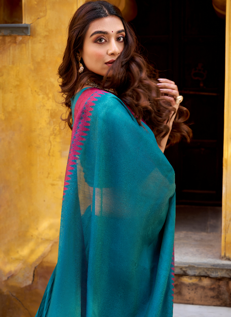 South Indian Style Thread Work Chanderi Silk Teal Half Saree Lehenga