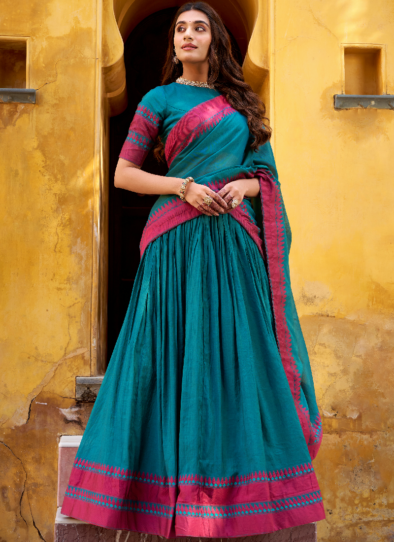 South Indian Style Thread Work Chanderi Silk Teal Half Saree Lehenga