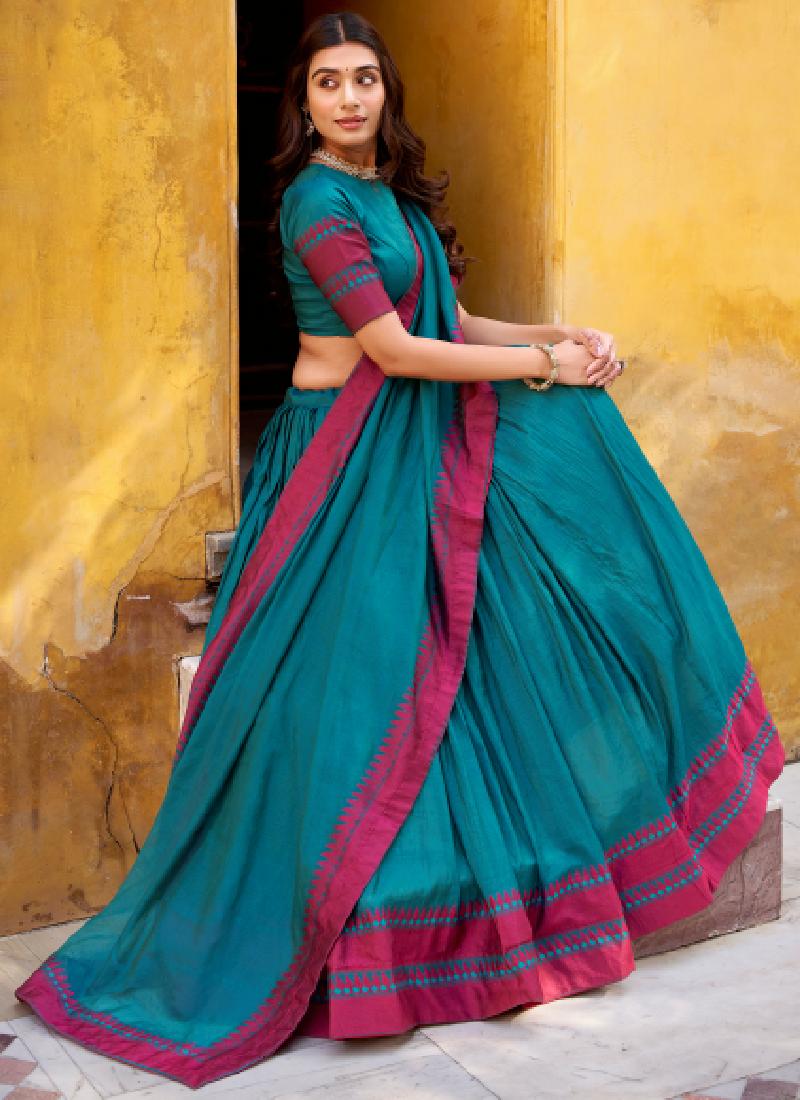 South Indian Style Thread Work Chanderi Silk Teal Half Saree Lehenga