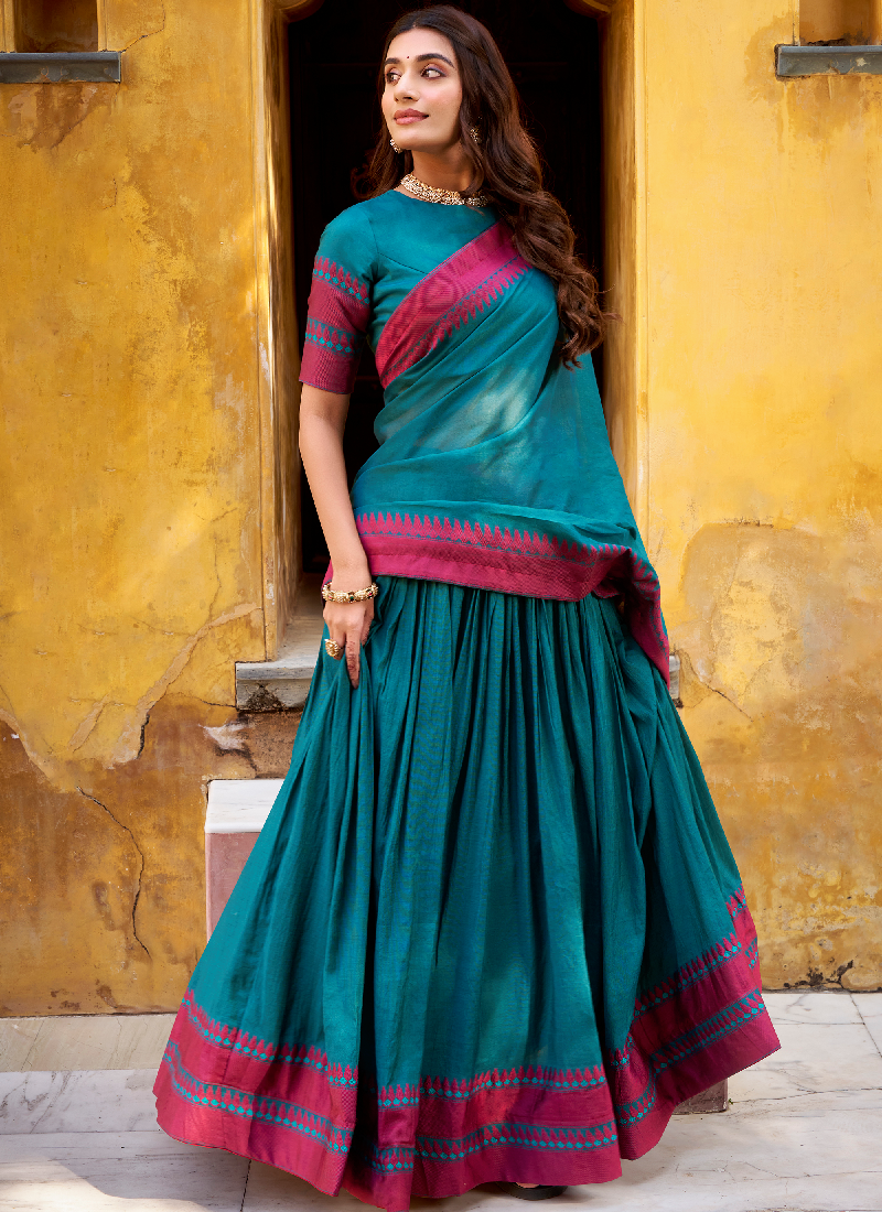 South Indian Style Thread Work Chanderi Silk Teal Half Saree Lehenga