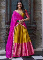South Indian Style Zari Work Yellow And Pink Silk Half Saree Lehenga