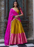 South Indian Style Zari Work Yellow And Pink Silk Half Saree Lehenga
