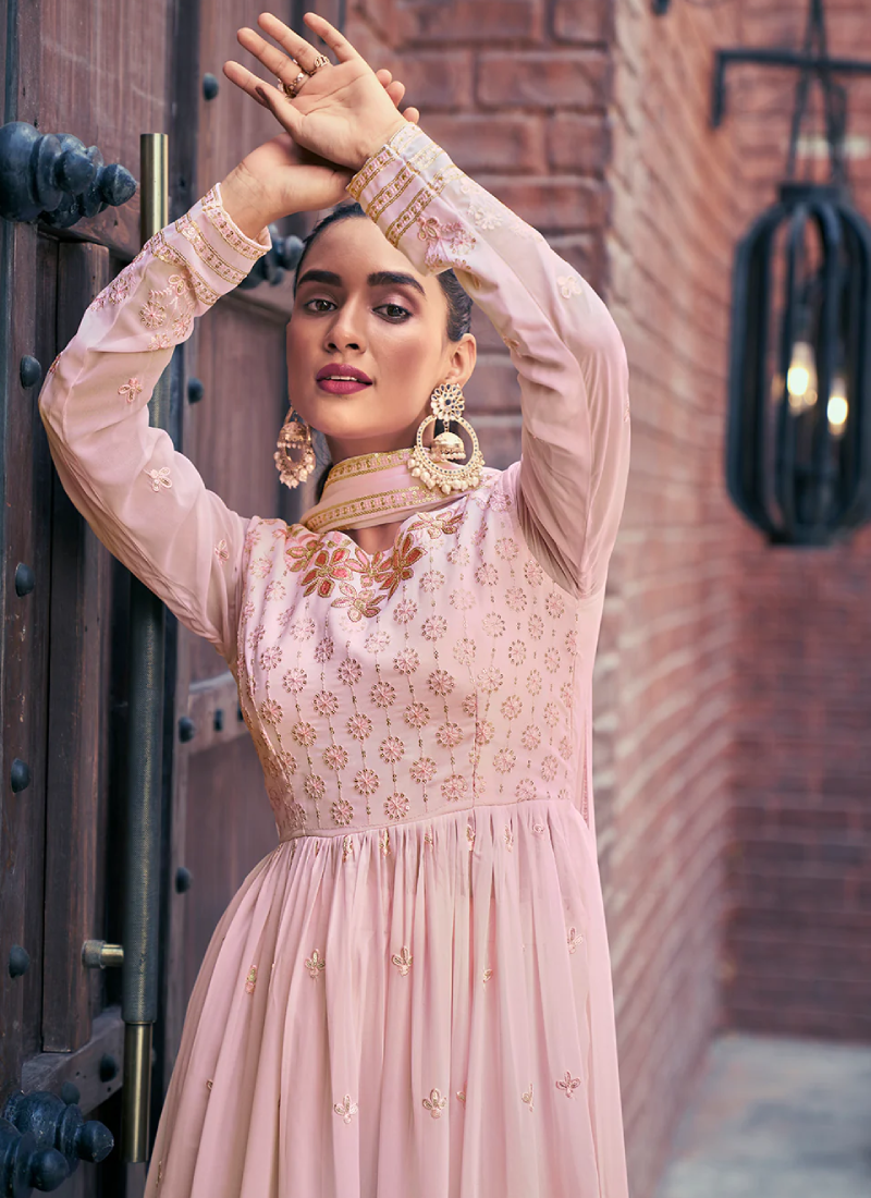 Spectacular Baby Pink Georgette Sequence Embroidered Suit