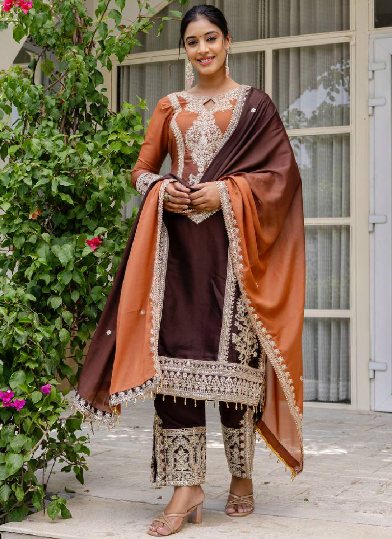 Spectacular Sequence Coding Work Coffee Georgette Salwar Suit