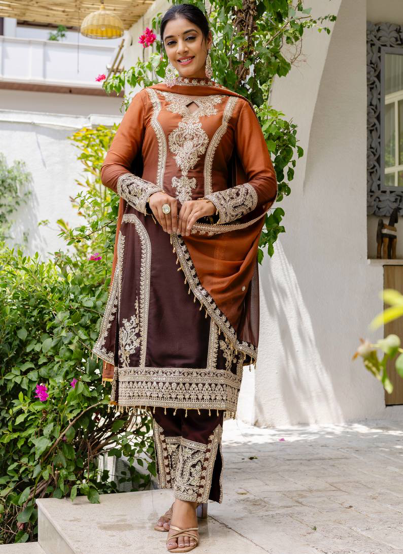 Spectacular Sequence Coding Work Coffee Georgette Salwar Suit