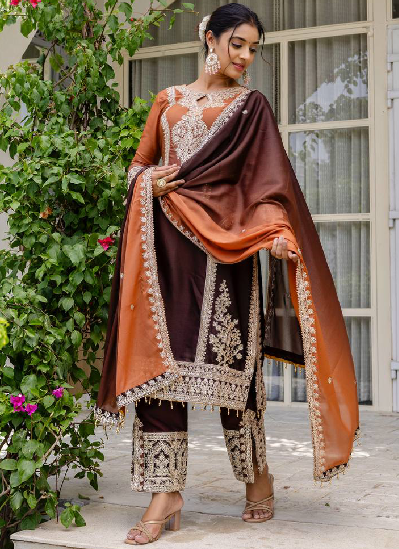 Spectacular Sequence Coding Work Coffee Georgette Salwar Suit