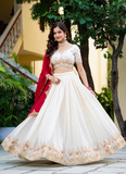 Spectacular Silk Sequence Embroidery Work Beige Lehenga Choli Set