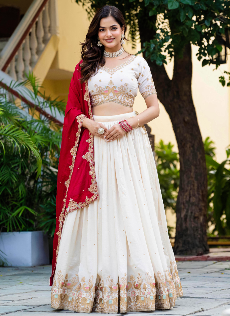 Spectacular Silk Sequence Embroidery Work Beige Lehenga Choli Set