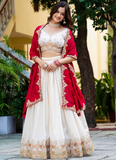 Spectacular Silk Sequence Embroidery Work Beige Lehenga Choli Set
