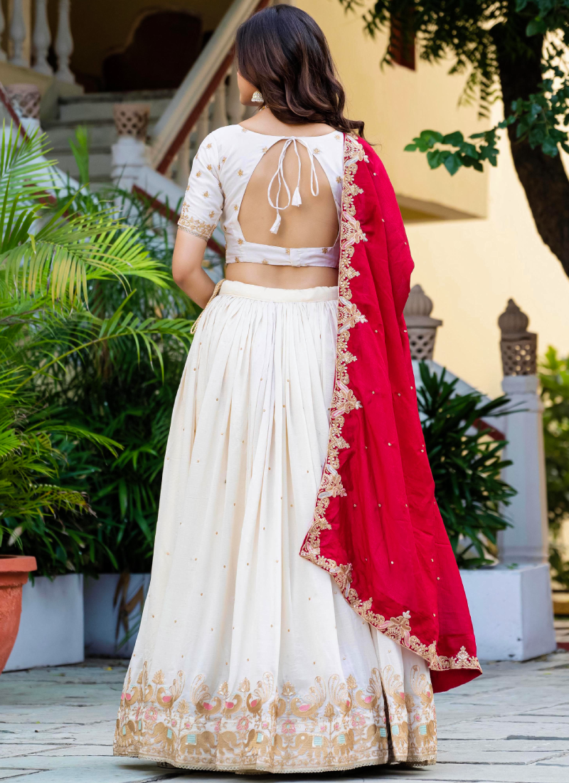 Spectacular Silk Sequence Embroidery Work Beige Lehenga Choli Set