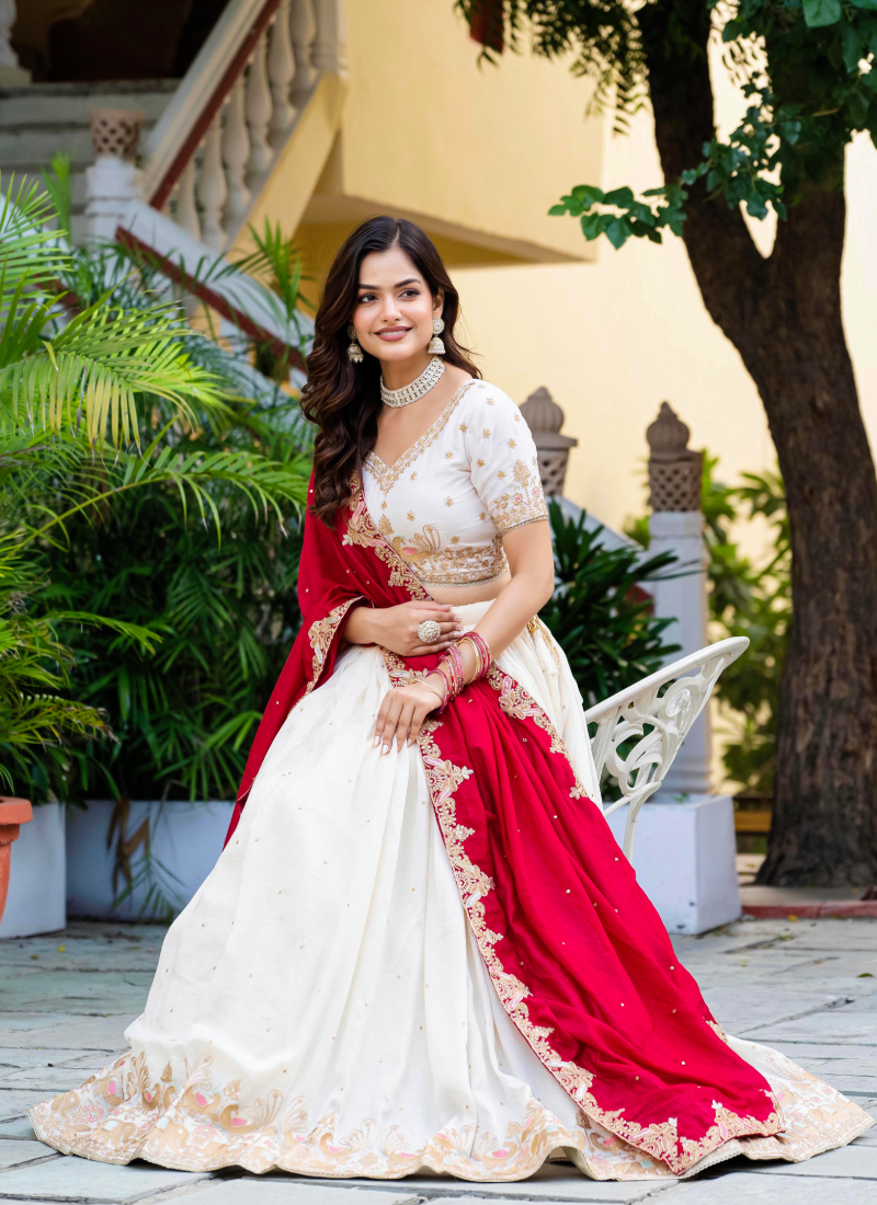 Spectacular Silk Sequence Embroidery Work Beige Lehenga Choli Set