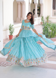 Spectacular Silk Thread Embroidered Sky Blue Lehenga With Peplum Top