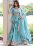 Spectacular Silk Thread Embroidered Sky Blue Lehenga With Peplum Top