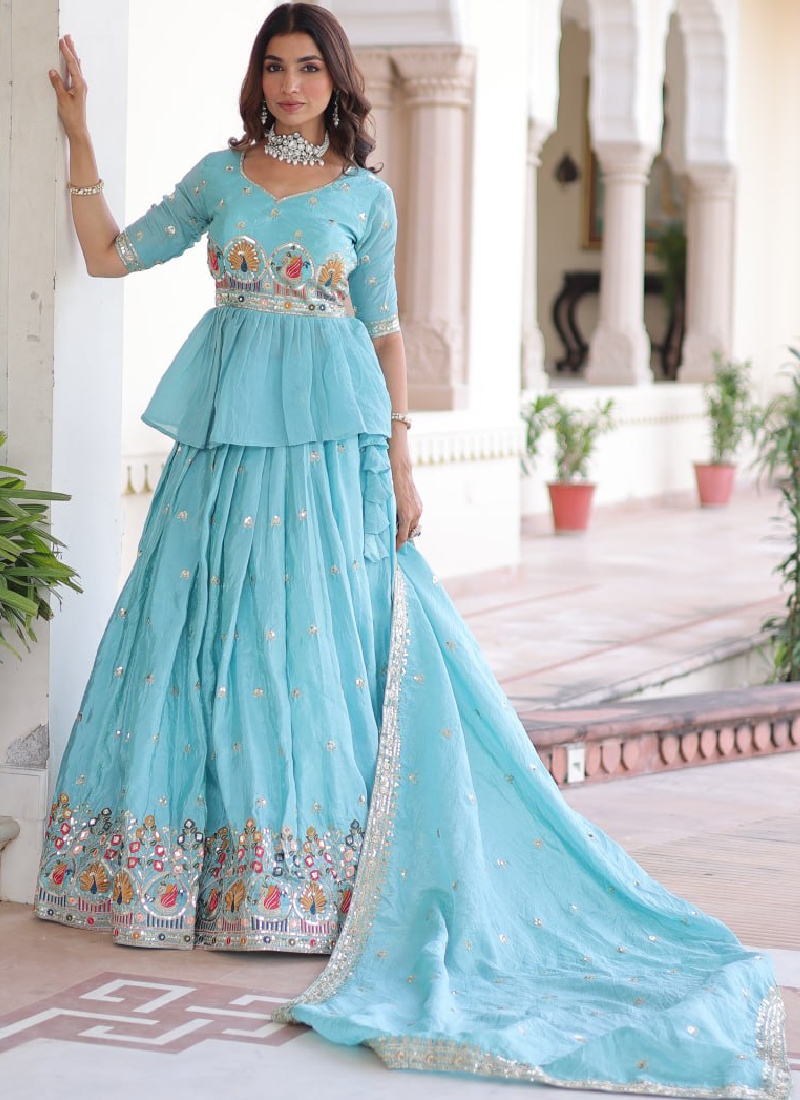 Spectacular Silk Thread Embroidered Sky Blue Lehenga With Peplum Top