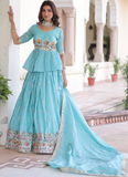 Spectacular Silk Thread Embroidered Sky Blue Lehenga With Peplum Top