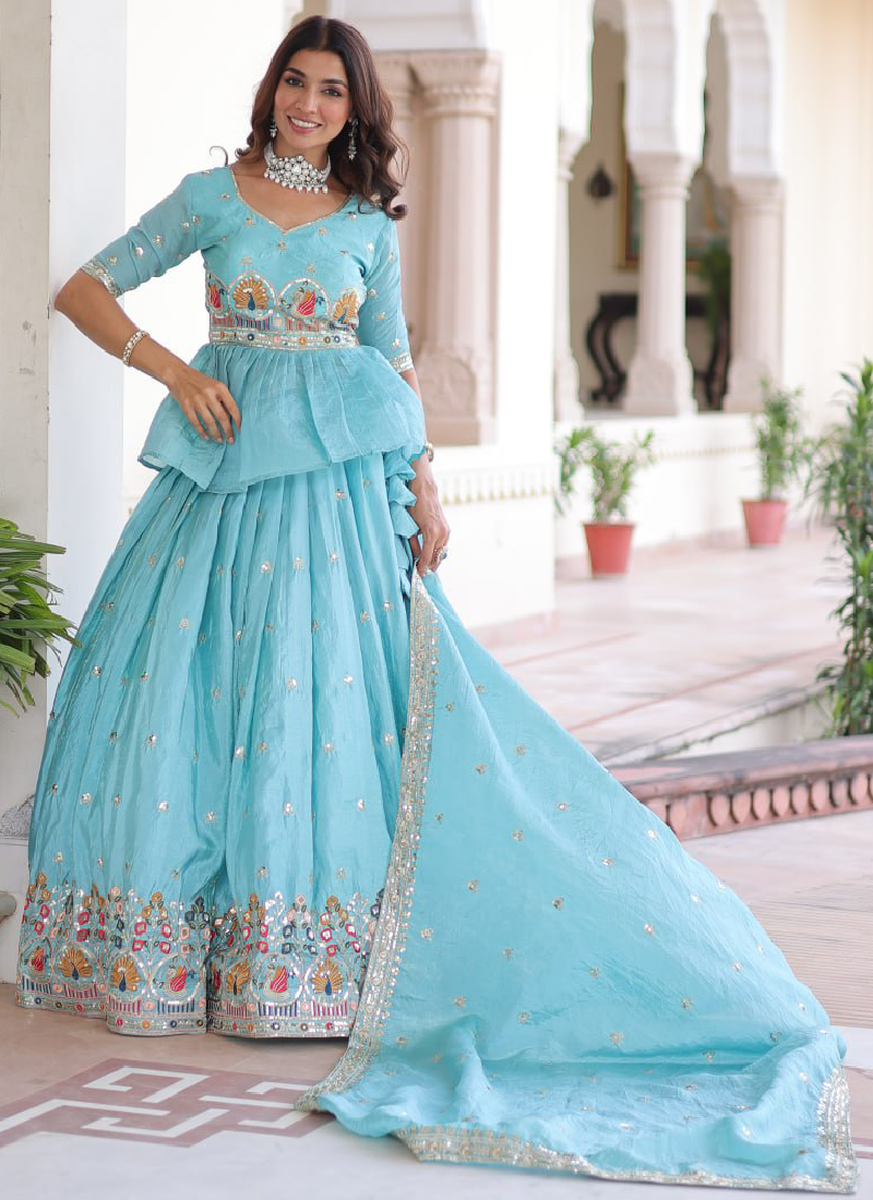Spectacular Silk Thread Embroidered Sky Blue Lehenga With Peplum Top
