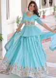 Spectacular Silk Thread Embroidered Sky Blue Lehenga With Peplum Top