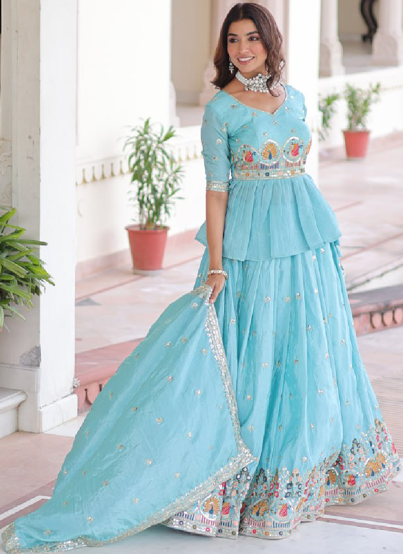 Spectacular Silk Thread Embroidered Sky Blue Lehenga With Peplum Top