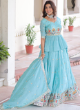 Spectacular Silk Thread Embroidered Sky Blue Lehenga With Peplum Top