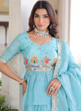Spectacular Silk Thread Embroidered Sky Blue Lehenga With Peplum Top