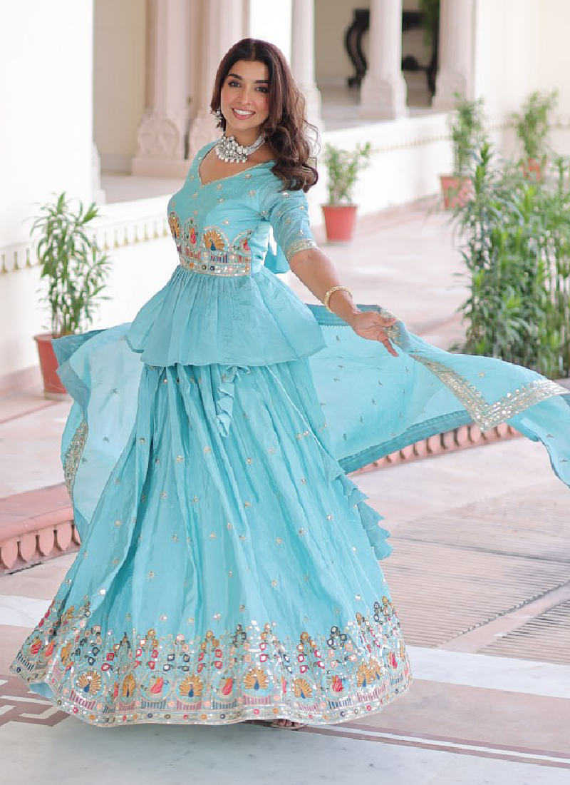 Spectacular Silk Thread Embroidered Sky Blue Lehenga With Peplum Top