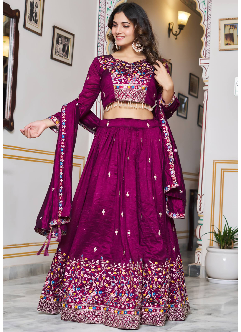 Spectacular Vichitra Silk Hand Work Wine Wedding Wear Lehenga Choli