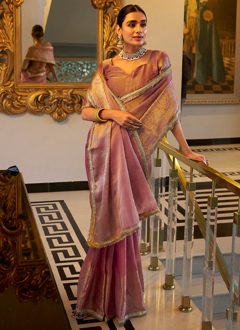 Spectacular Wedding Wear Tissue Silk Zari Weaving Light Pink Saree