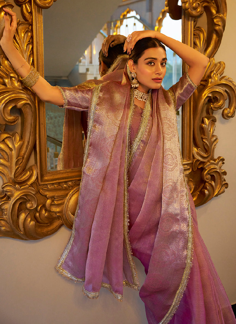 Spectacular Wedding Wear Tissue Silk Zari Weaving Light Pink Saree