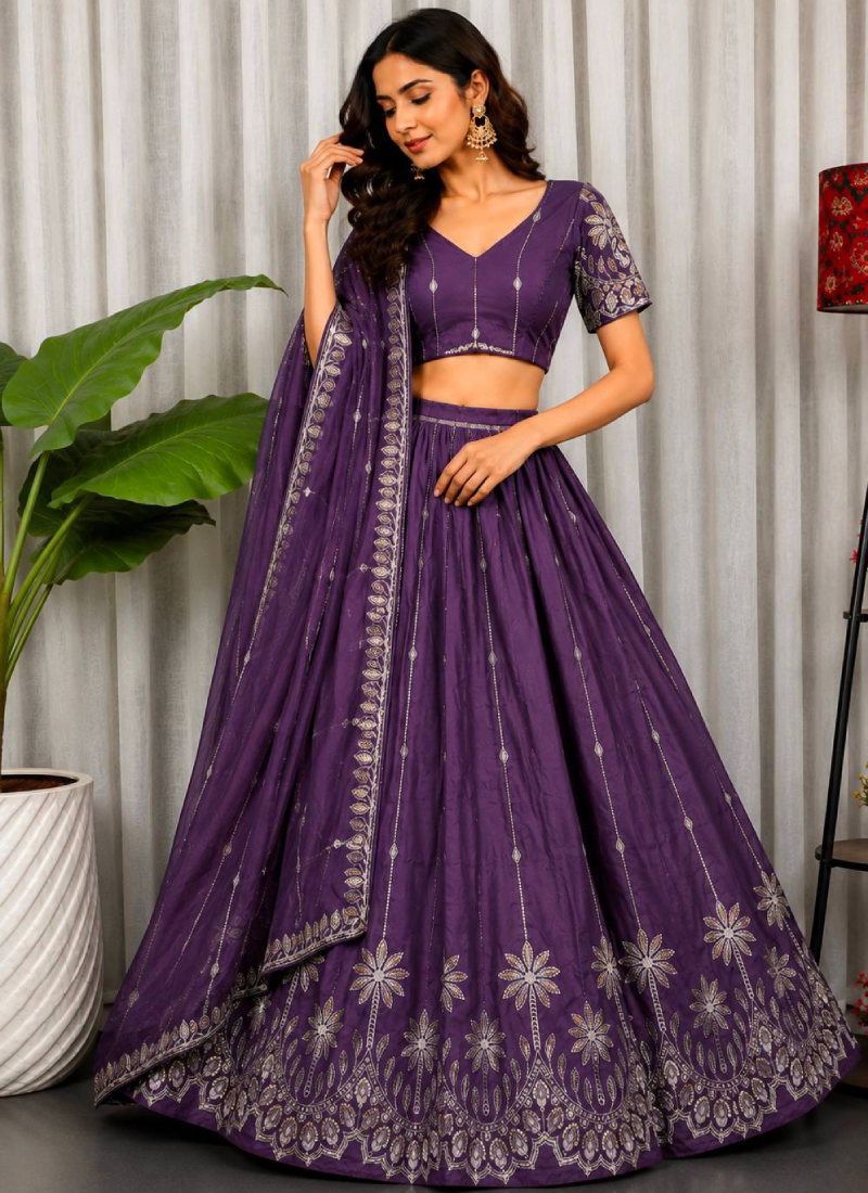 Stunning Purple Chinon Embroidered Thread Work Lehenga Choli