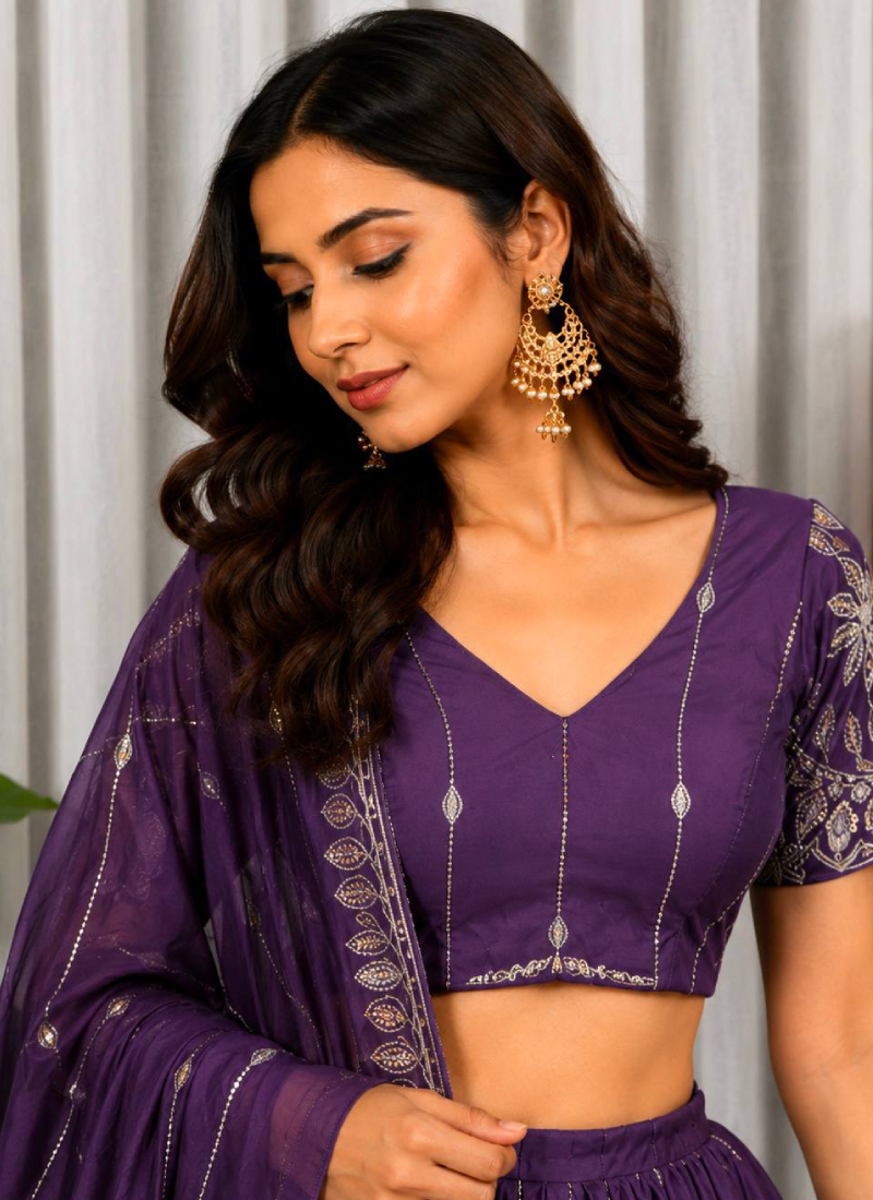 Stunning Purple Chinon Embroidered Thread Work Lehenga Choli