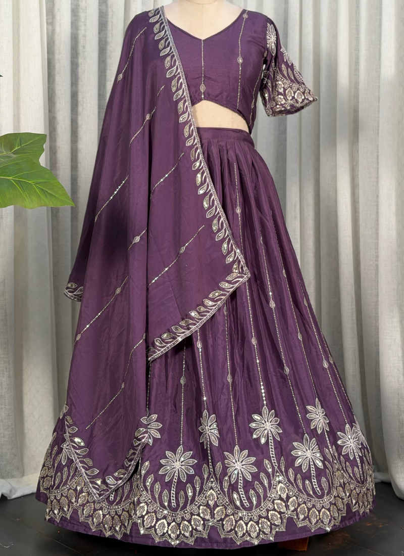 Stunning Purple Chinon Embroidered Thread Work Lehenga Choli