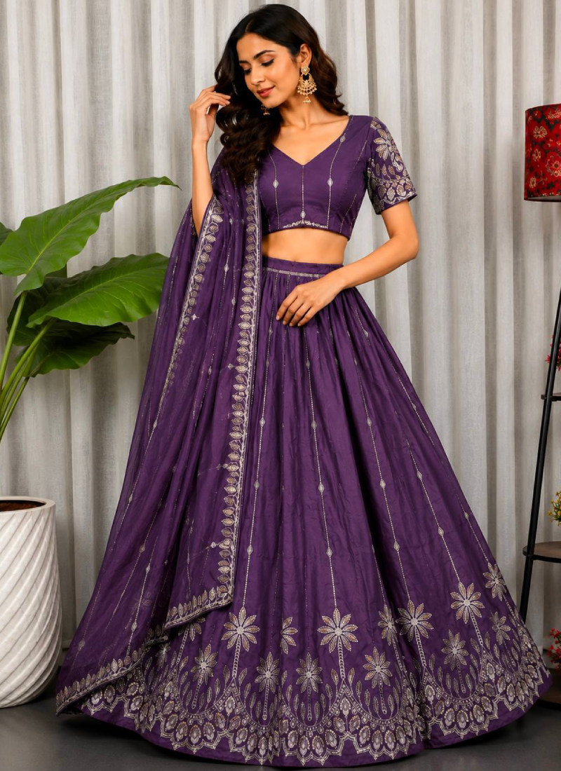 Stunning Purple Chinon Embroidered Thread Work Lehenga Choli