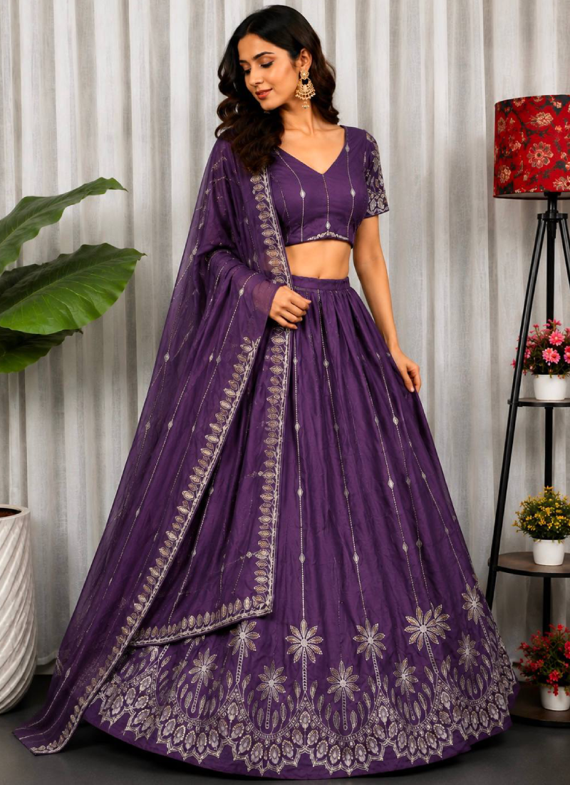 Stunning Purple Chinon Embroidered Thread Work Lehenga Choli