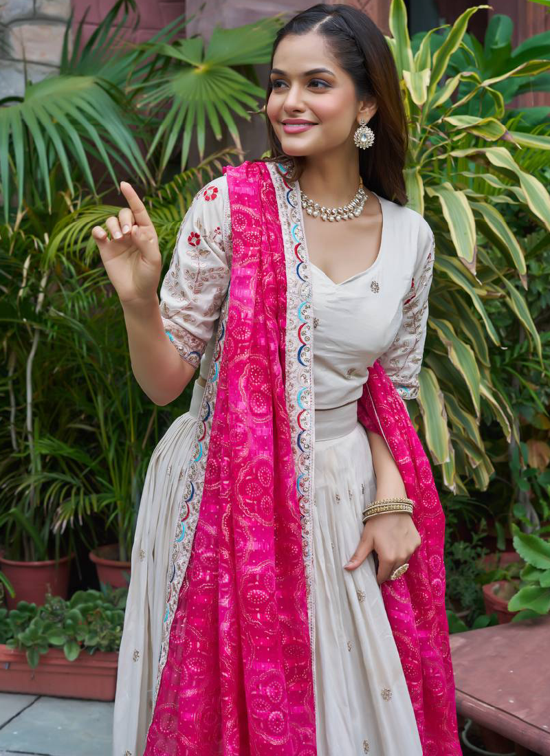 Stylish Off White Tissue Silk Cording Embroidery Wedding Lehenga Choli