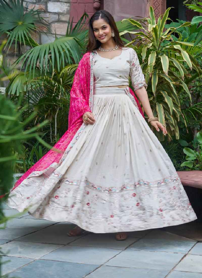 Stylish Off White Tissue Silk Cording Embroidery Wedding Lehenga Choli