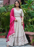 Stylish Off White Tissue Silk Cording Embroidery Wedding Lehenga Choli