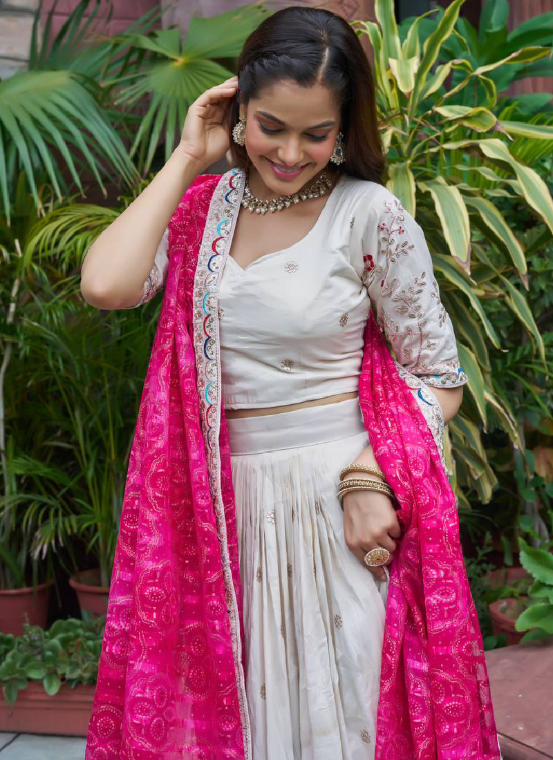 Stylish Off White Tissue Silk Cording Embroidery Wedding Lehenga Choli