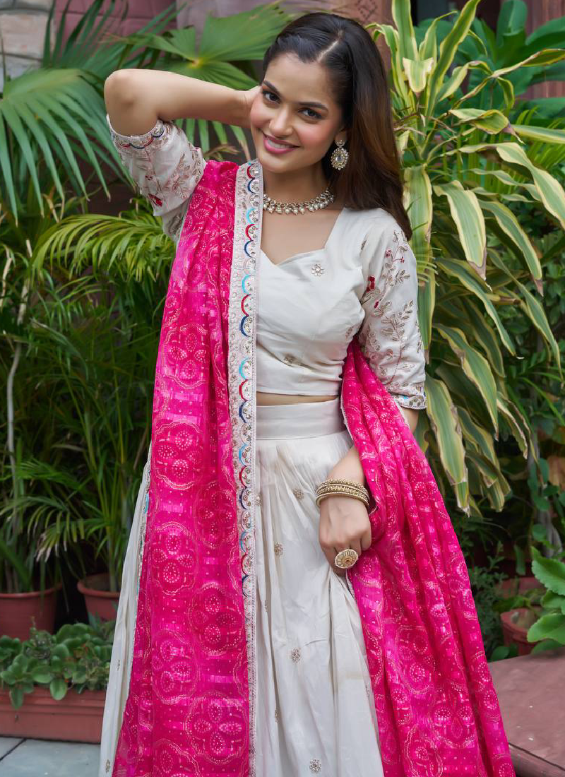 Stylish Off White Tissue Silk Cording Embroidery Wedding Lehenga Choli