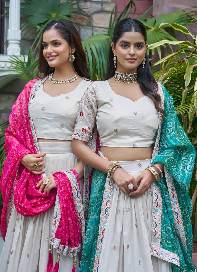Stylish Off White Tissue Silk Cording Embroidery Wedding Lehenga Choli