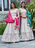 Stylish Off White Tissue Silk Cording Embroidery Wedding Lehenga Choli