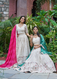 Stylish Off White Tissue Silk Cording Embroidery Wedding Lehenga Choli