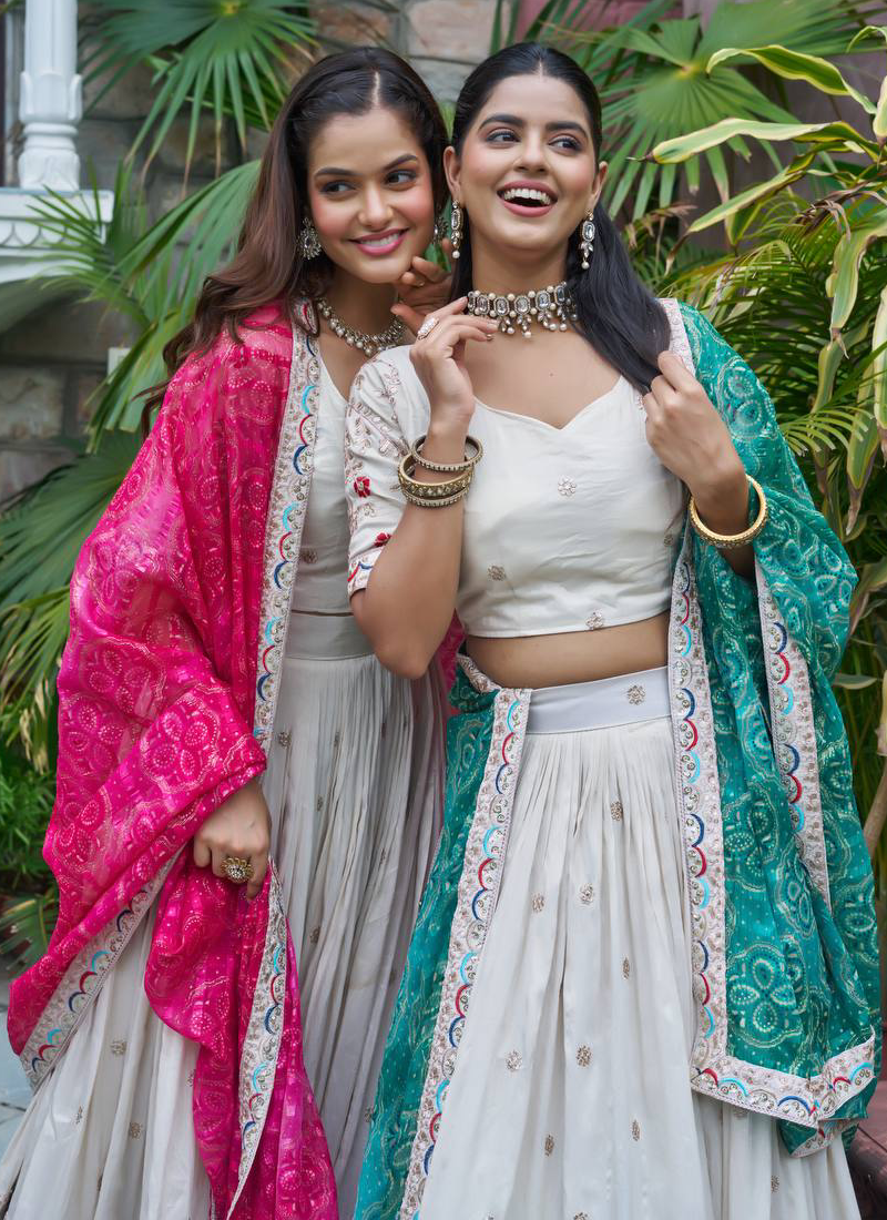 Stylish Off White Tissue Silk Cording Embroidery Wedding Lehenga Choli