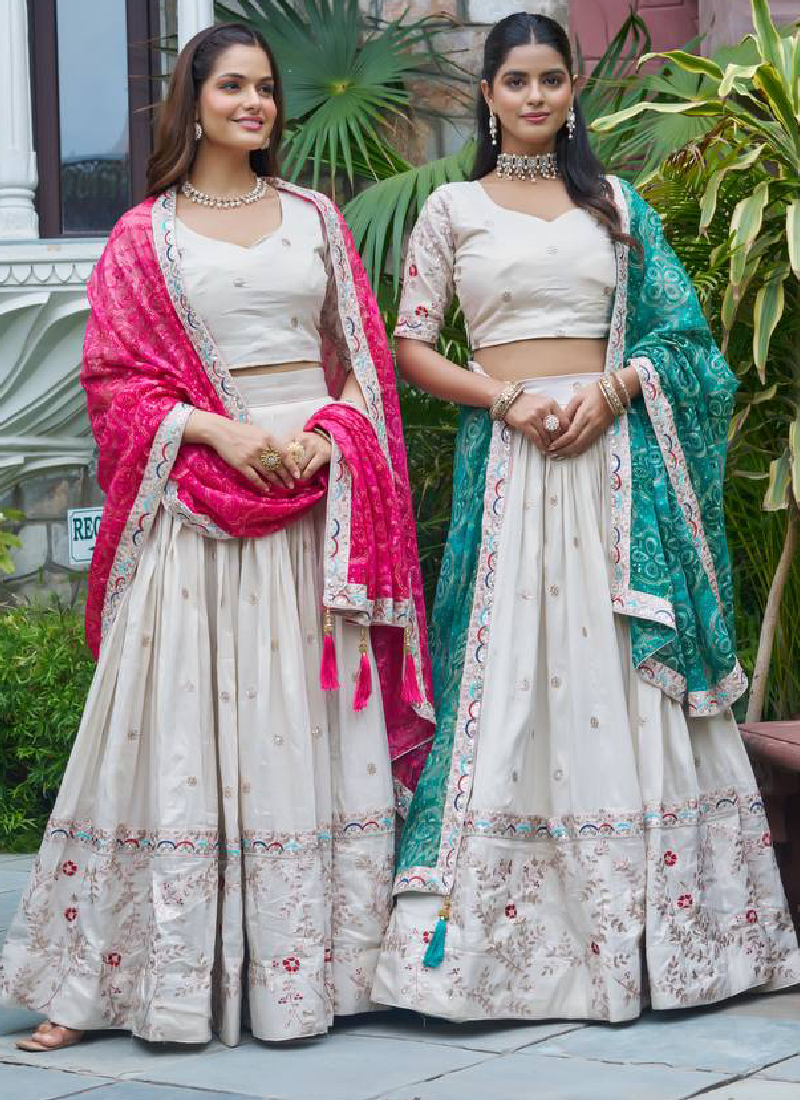 Stylish Off White Tissue Silk Cording Embroidery Wedding Lehenga Choli