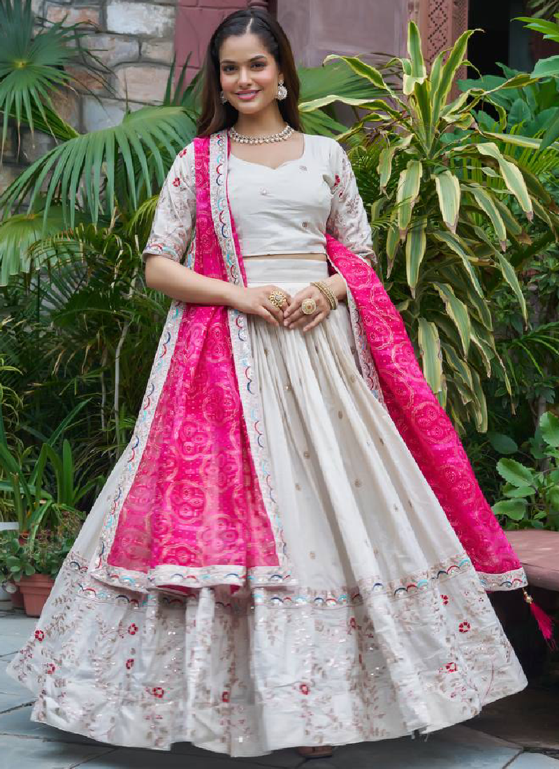 Stylish Off White Tissue Silk Cording Embroidery Wedding Lehenga Choli